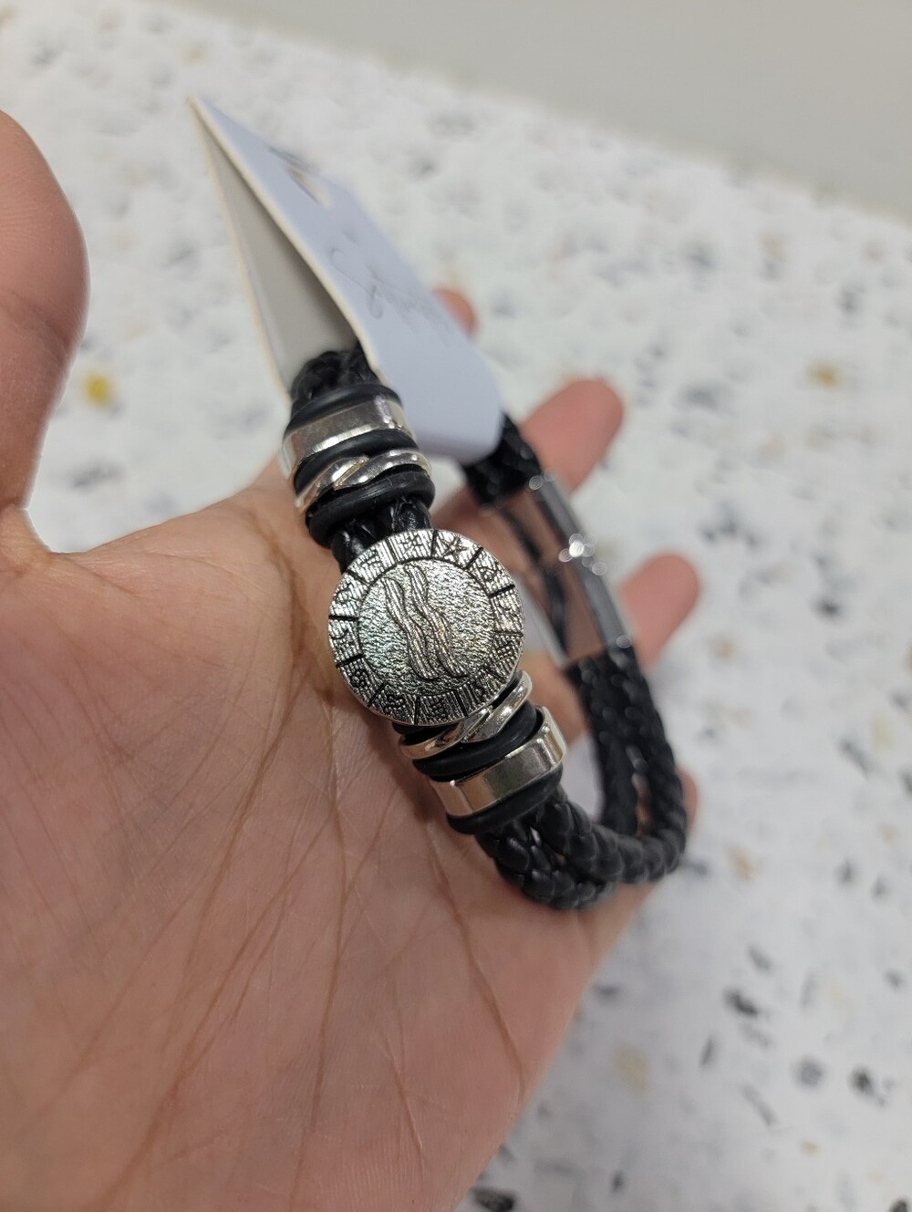 Men's Black Braided Leather Bracelet with Silver Coin Accent